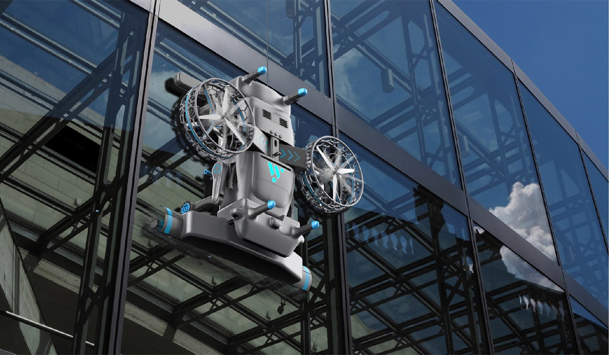 AFR-1500 facade cleaning robot working on a high-rise glass curtain wall