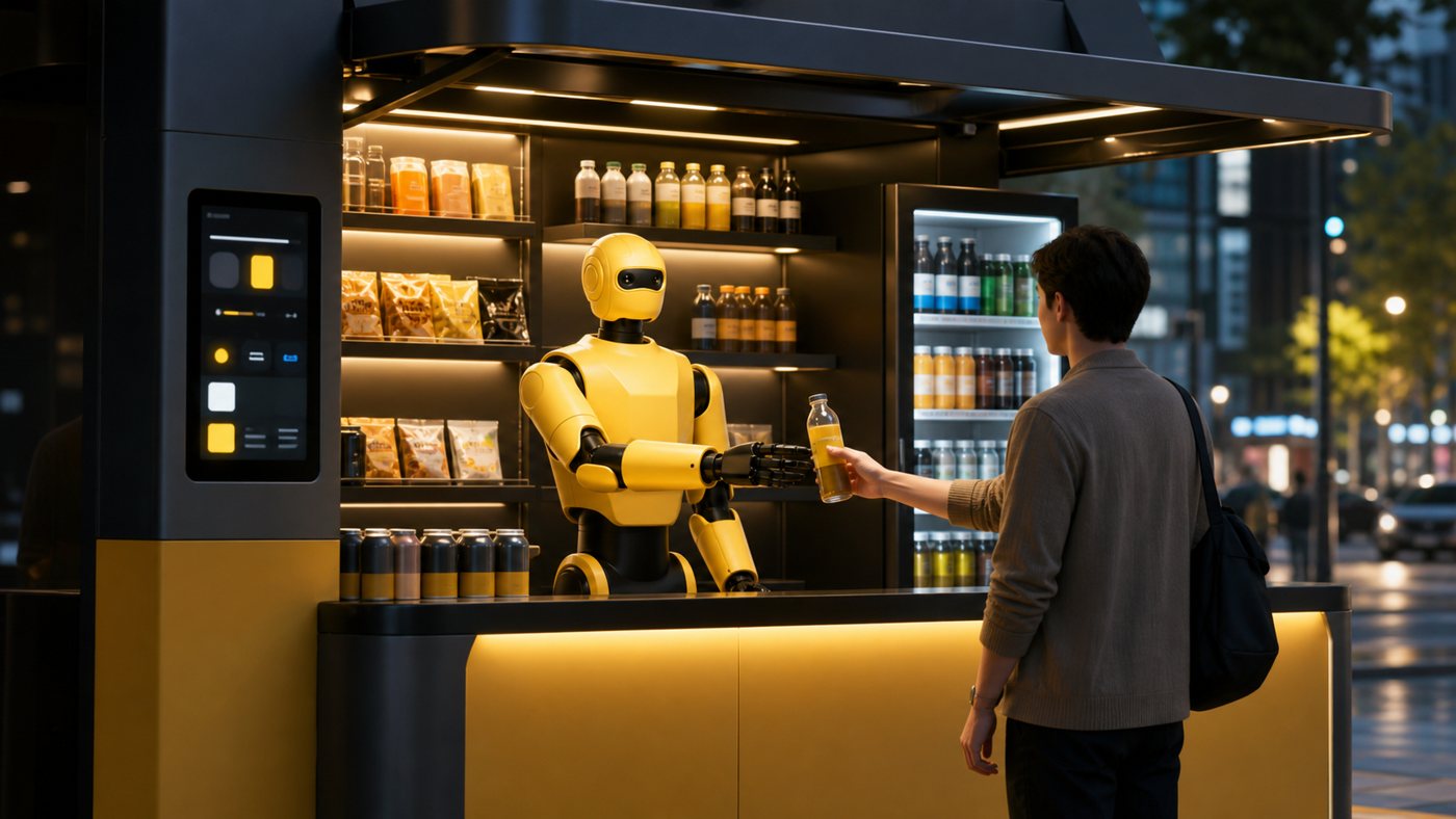 Concept rendering of a humanoid robot serving drinks from a retail kiosk